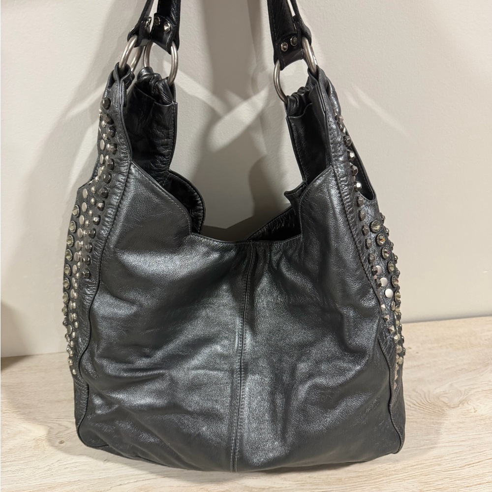 Leather Rock Charcoal leather Purse with studded embellished straps